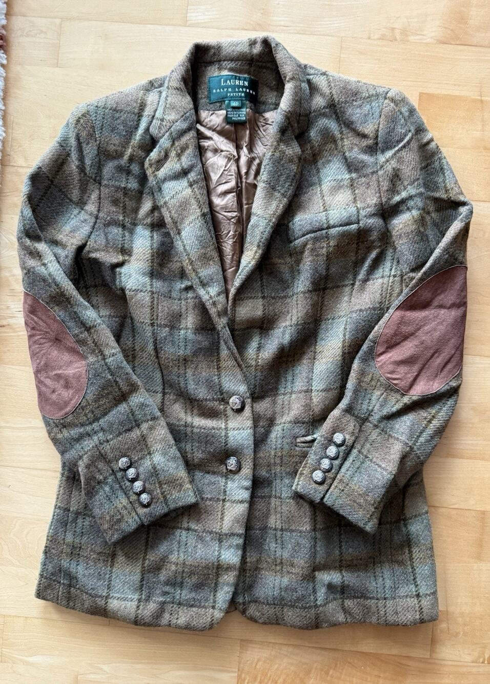 VTG Ralph Lauren Plaid Equestrian Blazer Horse Button Leather Elbow Patch 4P